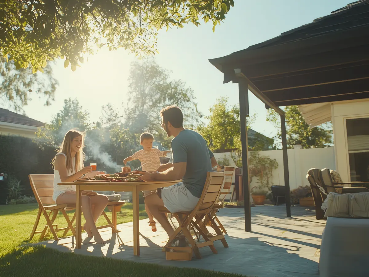 Family enjoying a finished backyard in Novato with patio dining and lush lawn