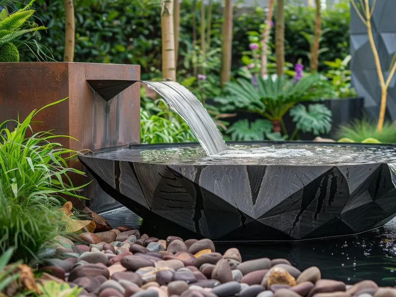 Stone water feature integrated into a Fairfax residential landscape