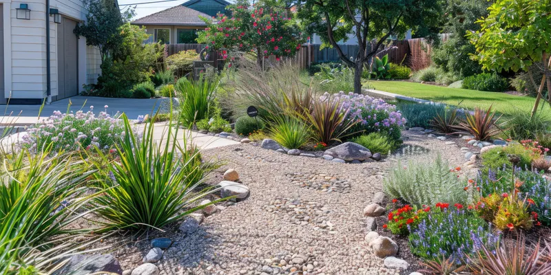 Drought tolerant Marin County garden with layered native plantings